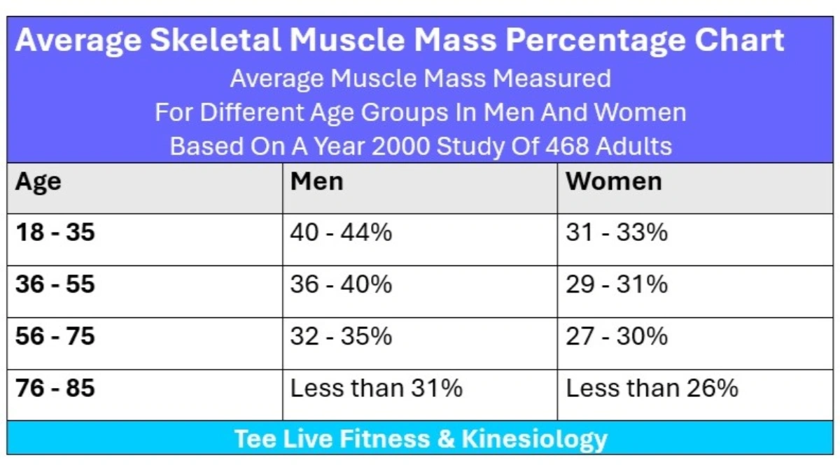 Chart showing the average skeletal muscle mass percentage for men and women of different age groups.
